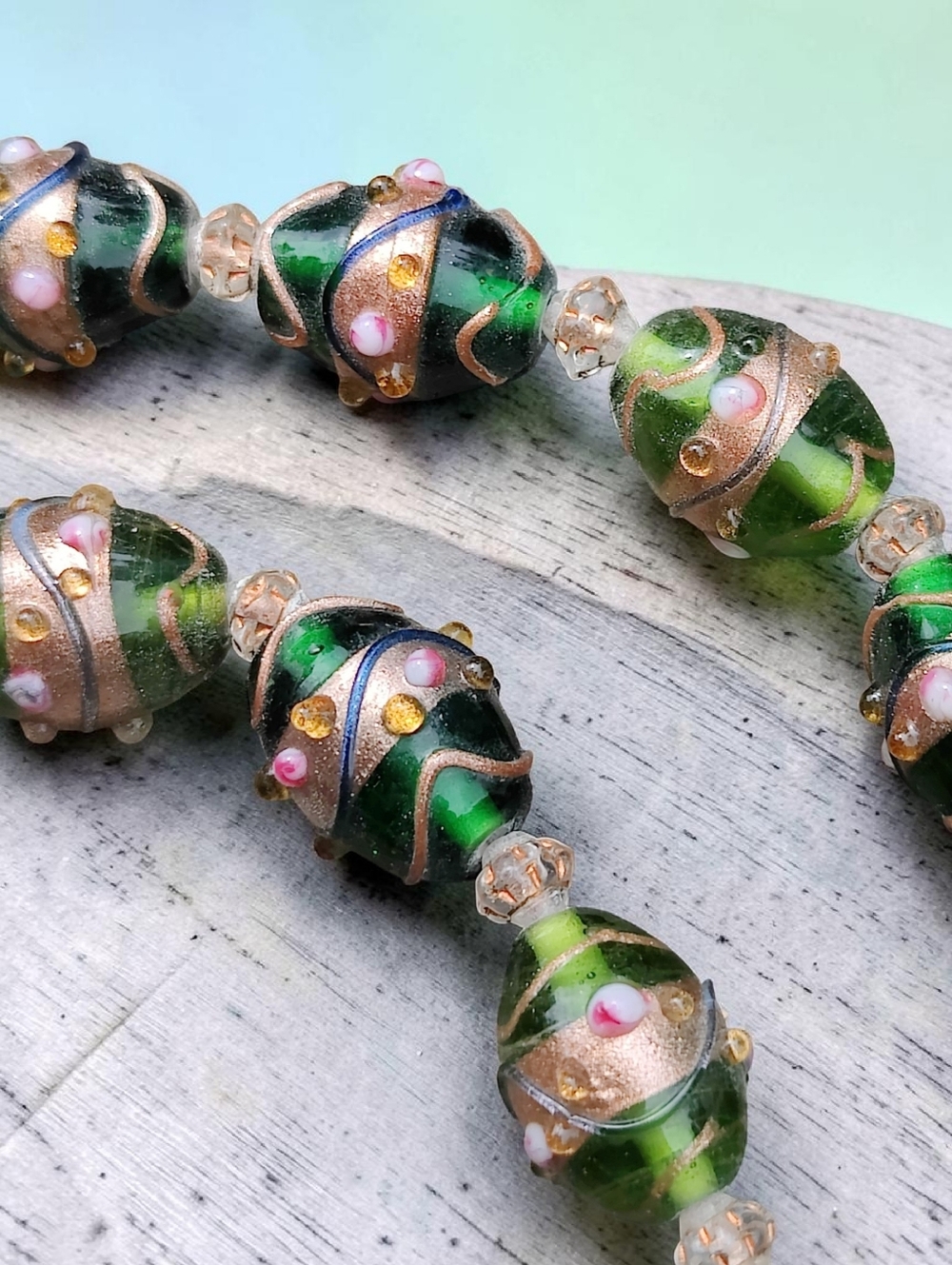 Vintage Jeweled Venetian Murano Wedding Cake Glass Beaded Necklace